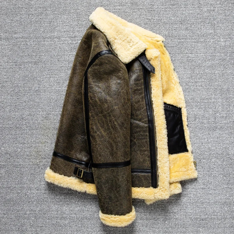 2025 Winter High Quality Genuine Leather Jacket Men's B3 Sheepskin Thick Fur Leather Coat Warm Motor Biker Jackets For Men 6XL
