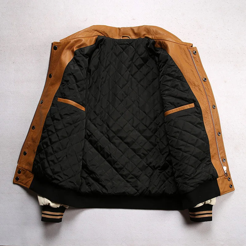 Men large size leather jacket flight suit jacket printed big chief embroidery casual sports yellow cowhide leather jackets tops