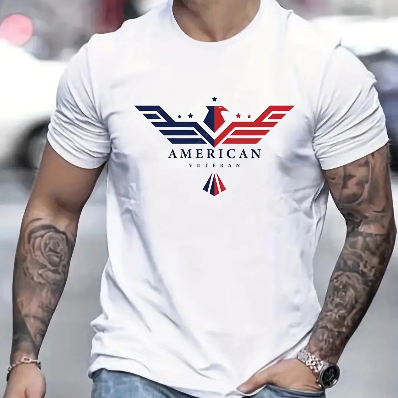 Men’s Summer 100% Cotton Bald Eagle USA Print T-Shirt