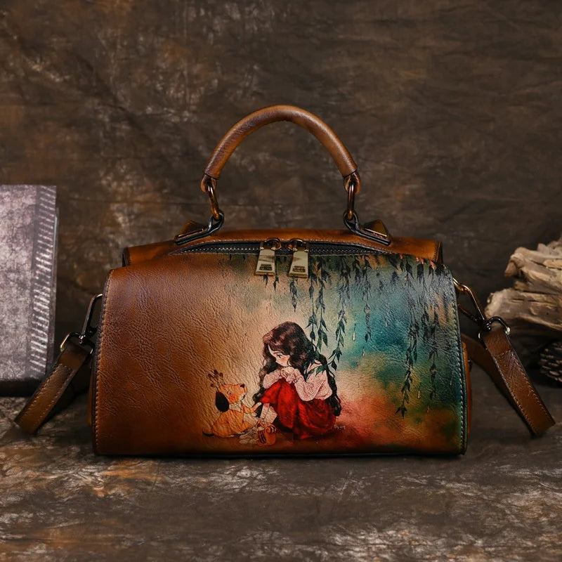 MOTAORA Vintage Women Luxury Leather Handbag For Female Bag Luxury Designer Hand Drawn Cartoon Pattern Ladies Shoulder Bags 2025