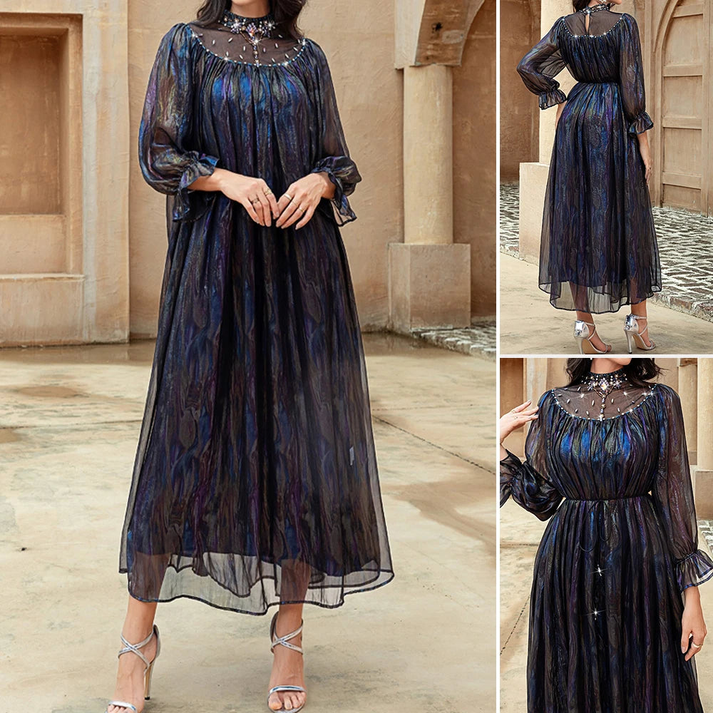 Rafiah Autumn Arabian Dress 2025 Women's Elegant Basics Contrast Color Diamonds Long Sleeve Mock Neck Gauze Dress