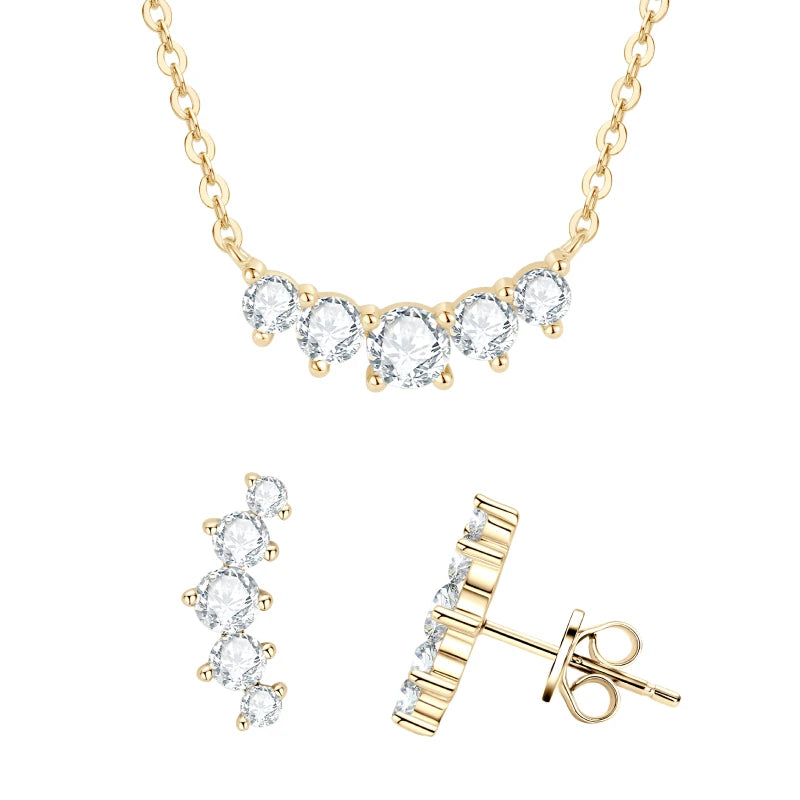 18K Gold Plated 925 Silver Real Moissanite Jewelry Set 5-Stone Smile Pendant Necklace Stud Earrings Sets for Women Christma Gift