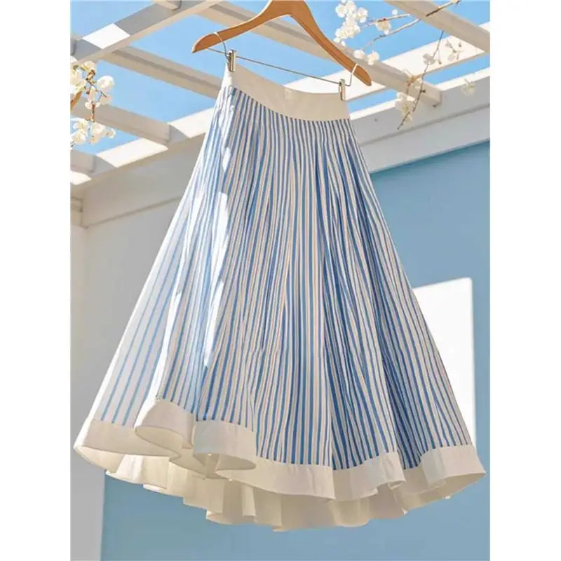 Outlet Store Blue Striped A-Line Midi Skirt Ele Ladylike Sle Korean Faion High Waist Commuter Pattern Other Material