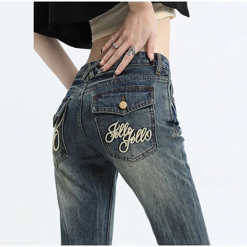 Vintage Women's Denim Low Rise Slightly Flared Jeans Pant Retro Pattern Printed Trendy Skin Fit Casual Daily Streetwear Trousers