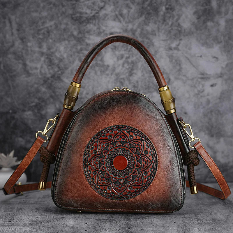 MOTAORA Bamboo Top Handle Embossed Leather Shoulder Bag, Vintage Bohemian Crossbody Purse for Women Handmade Large Capacity Tote