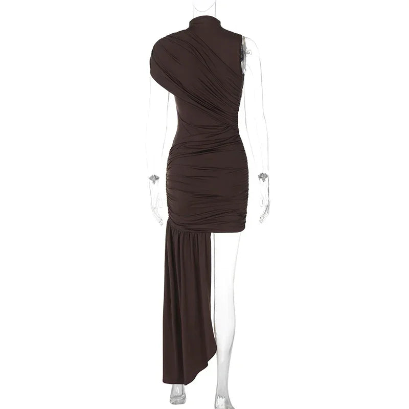 Women's Sleeveless Irregular Draped Ruched Bodycon Party Dress – Elegant Slim Fit, Floor-Length