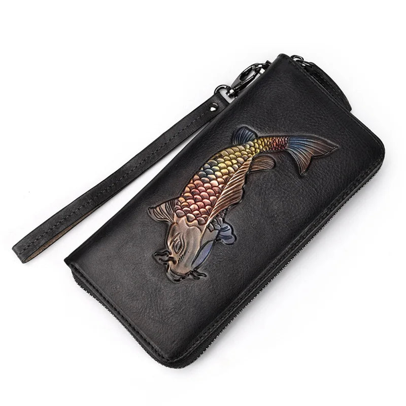 Motaora Women's Wallet Retro Genuine Leather Wallet For Female New Wristband Zipper Cell Phone Bag Golden Fish Engraved Clutches