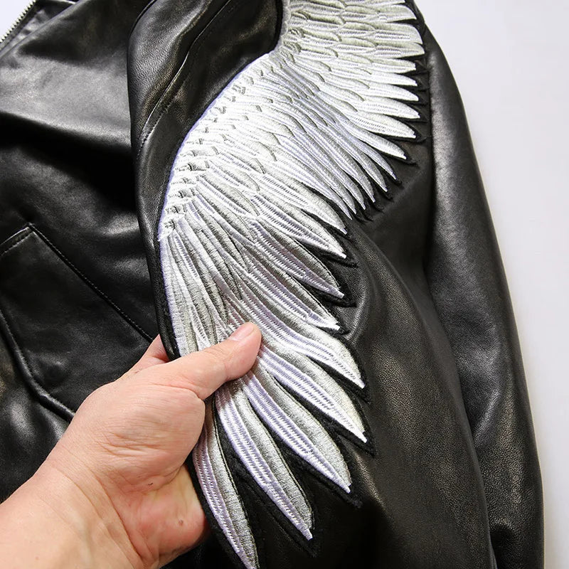 Embroidered eagle wings leather baseball jersey men stand-up collar full vegetable tanned sheepskin genuine leather jacket tops
