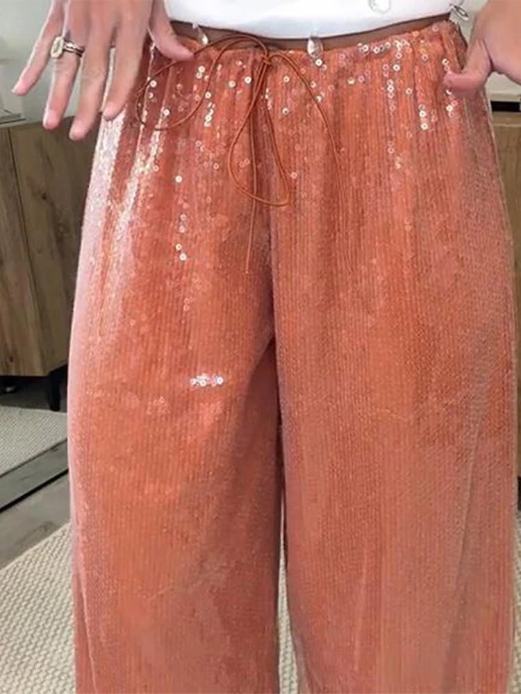 Loose Solid Color Sequin Pants Woman Cinched Waist Glitter Straight Baggy Long Pants Casual Street Chic Sparkle Women's Trousers