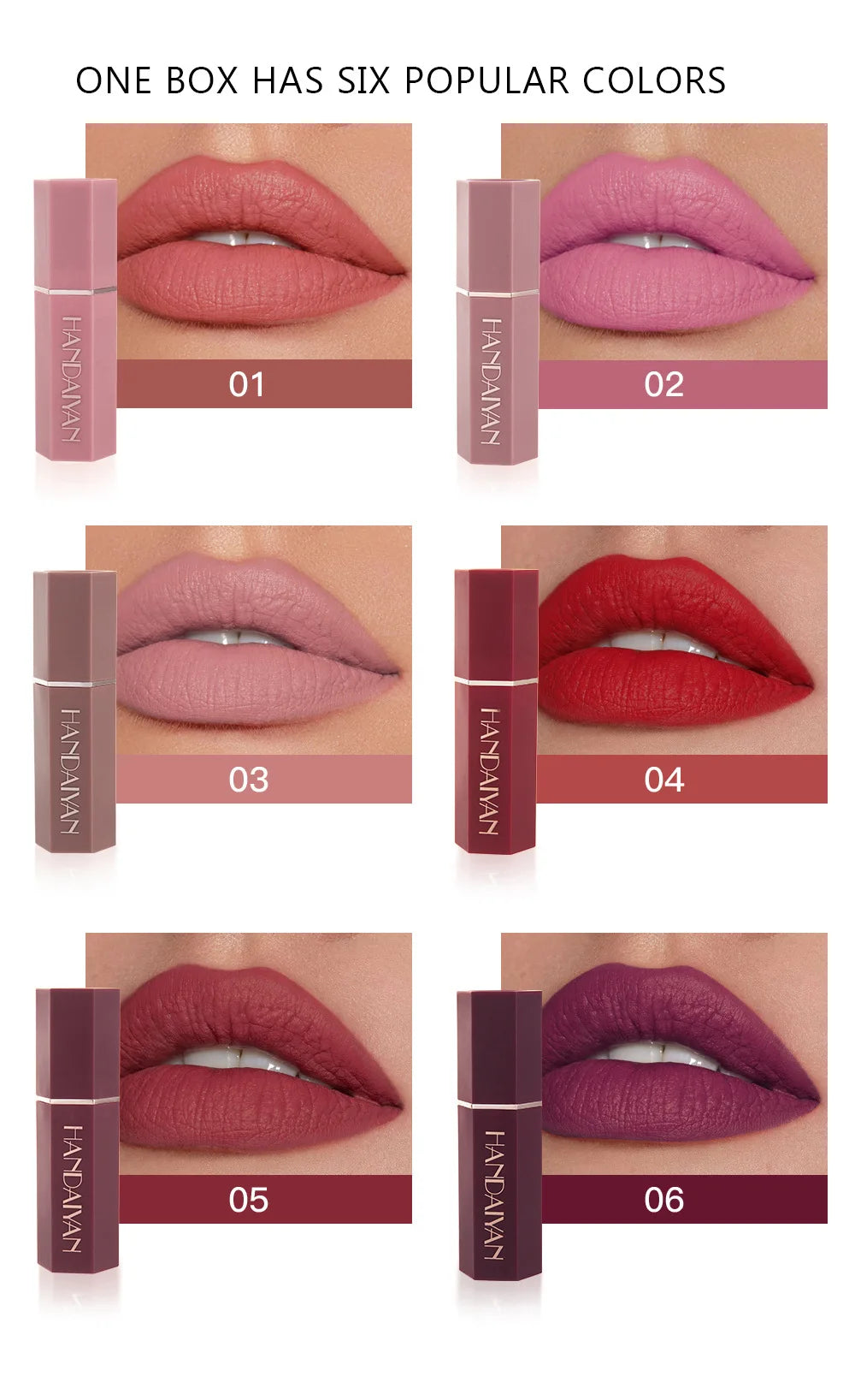 HANDAIYAN 6 Colors Matte Nude Lipstick Waterproof Long Lasting Sexy Red Purple Lip Stain Velvet Lipstick Beauty Makeup For Women