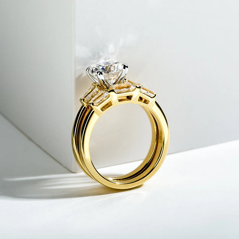 2 Carat All Moissanite Women 925 Sterling Silver Wedding Yellow Color Ring Sets Engagement Jewelry
