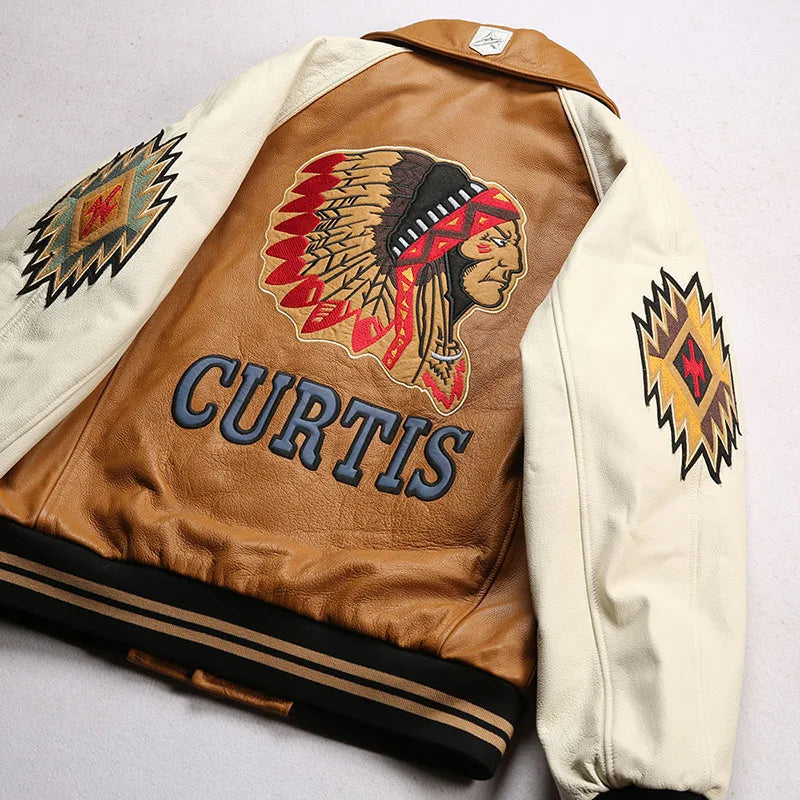 Men large size leather jacket flight suit jacket printed big chief embroidery casual sports yellow cowhide leather jackets tops