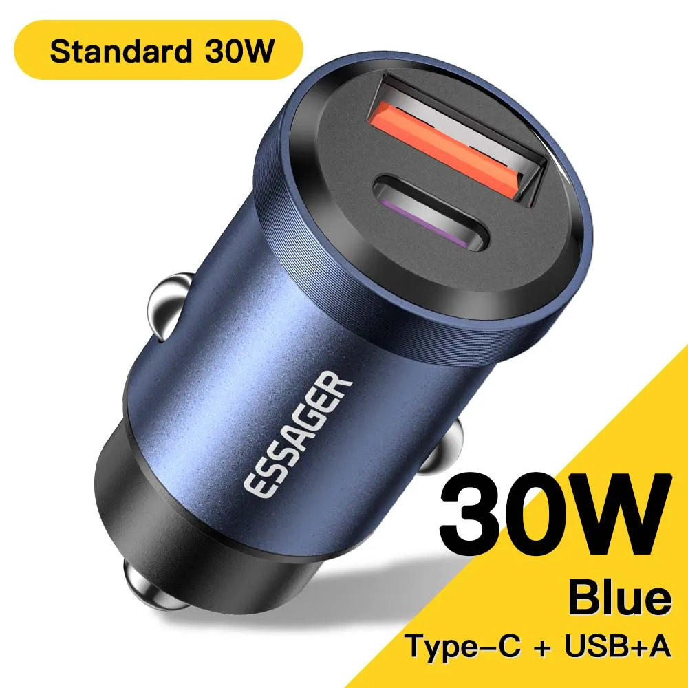 شاحن سيارة Essager USB 30 وات، شحن سريع 4.0، QC PD 3.0 SCP 5A، USB Type C، شحن سريع للسيارة، مناسب لأجهزة iPhone 14 13، Huawei، Samsung، Xiaomi