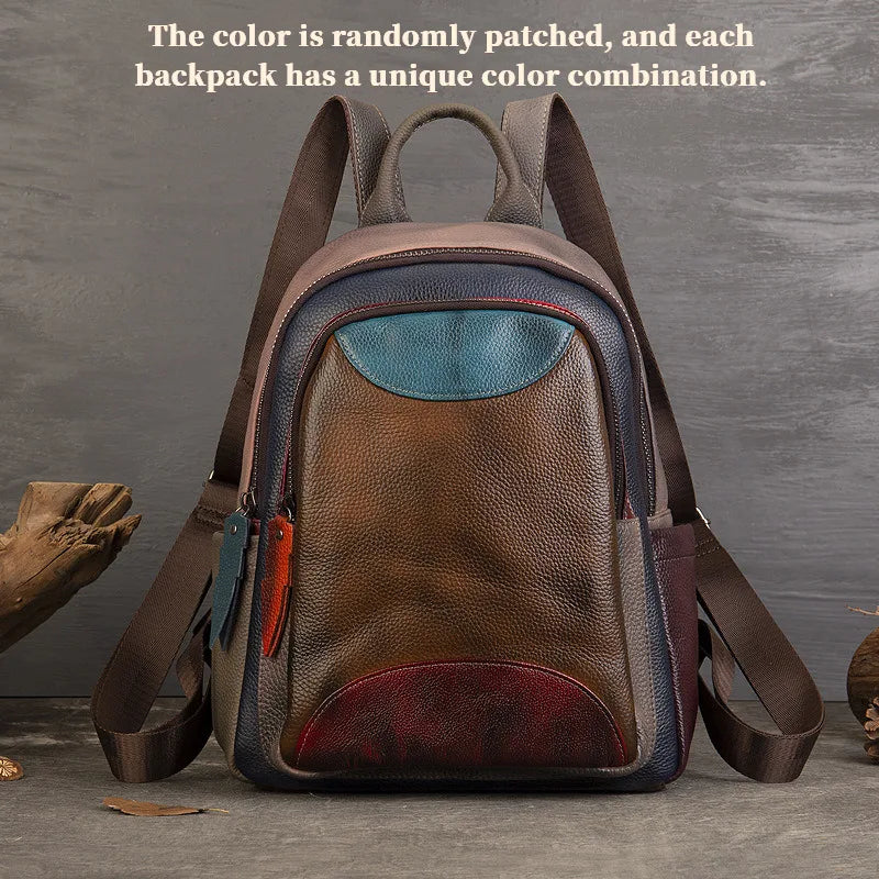 MOTAORA 2025 Soft Cowhide Leather Backpack Large Capacity Two-Tone Spliced Hand Painted College Student Travel Hiking Casual Bag