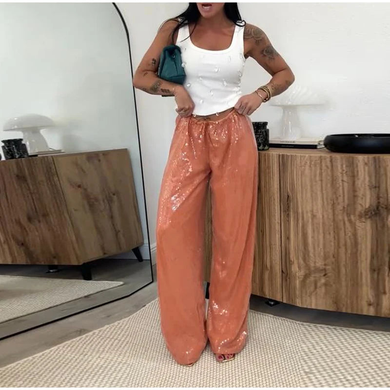 Loose Solid Color Sequin Pants Woman Cinched Waist Glitter Straight Baggy Long Pants Casual Street Chic Sparkle Women's Trousers