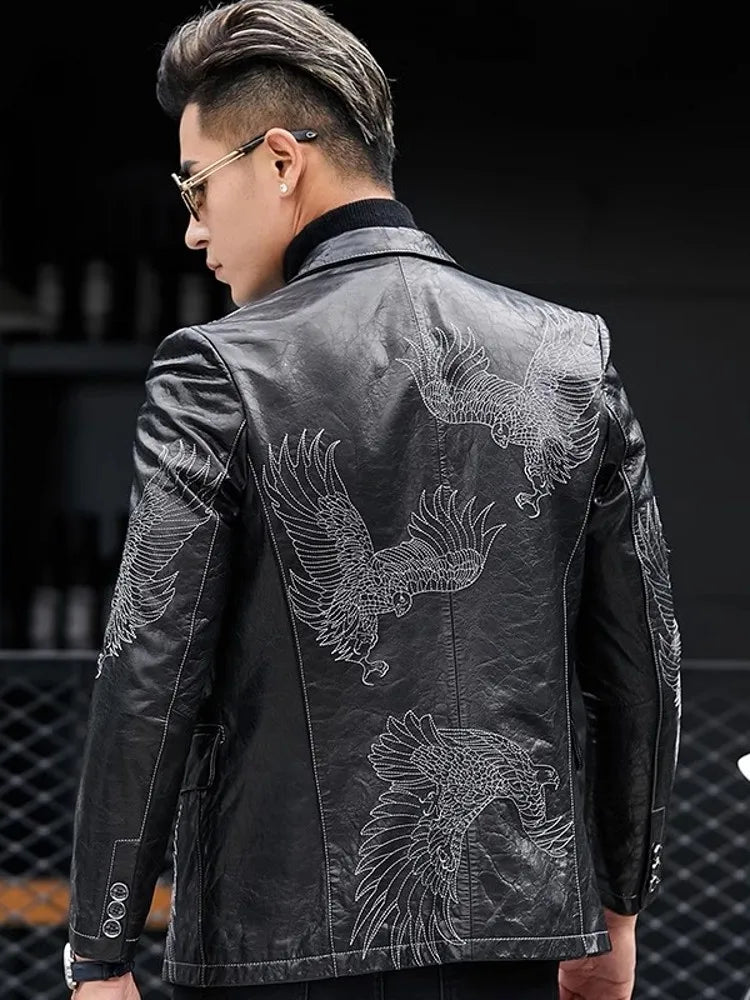 Business Men Fashion Eagle Embroidery Blazer Jacket Slim Fit Work Suit Coat Spring Autumn Natural Cowhide Genuine Leather Jacket