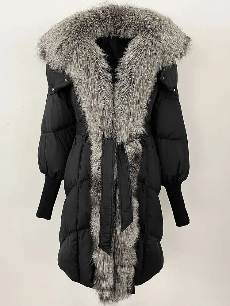 2025 Autumn Winter Women Coat Real Natural Fox Fur Long Down Jacket Thick Warm Casual Hooded White Duck Down Elegant Overwears