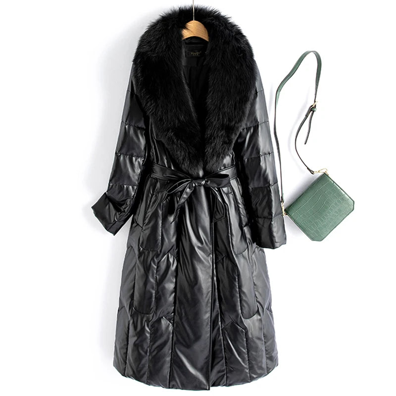 New Women Winter Leather Down Coat Fashion Real Fox Fur Collar Slim Waist Long Leather Coat Casual Thick Warm Overcoat