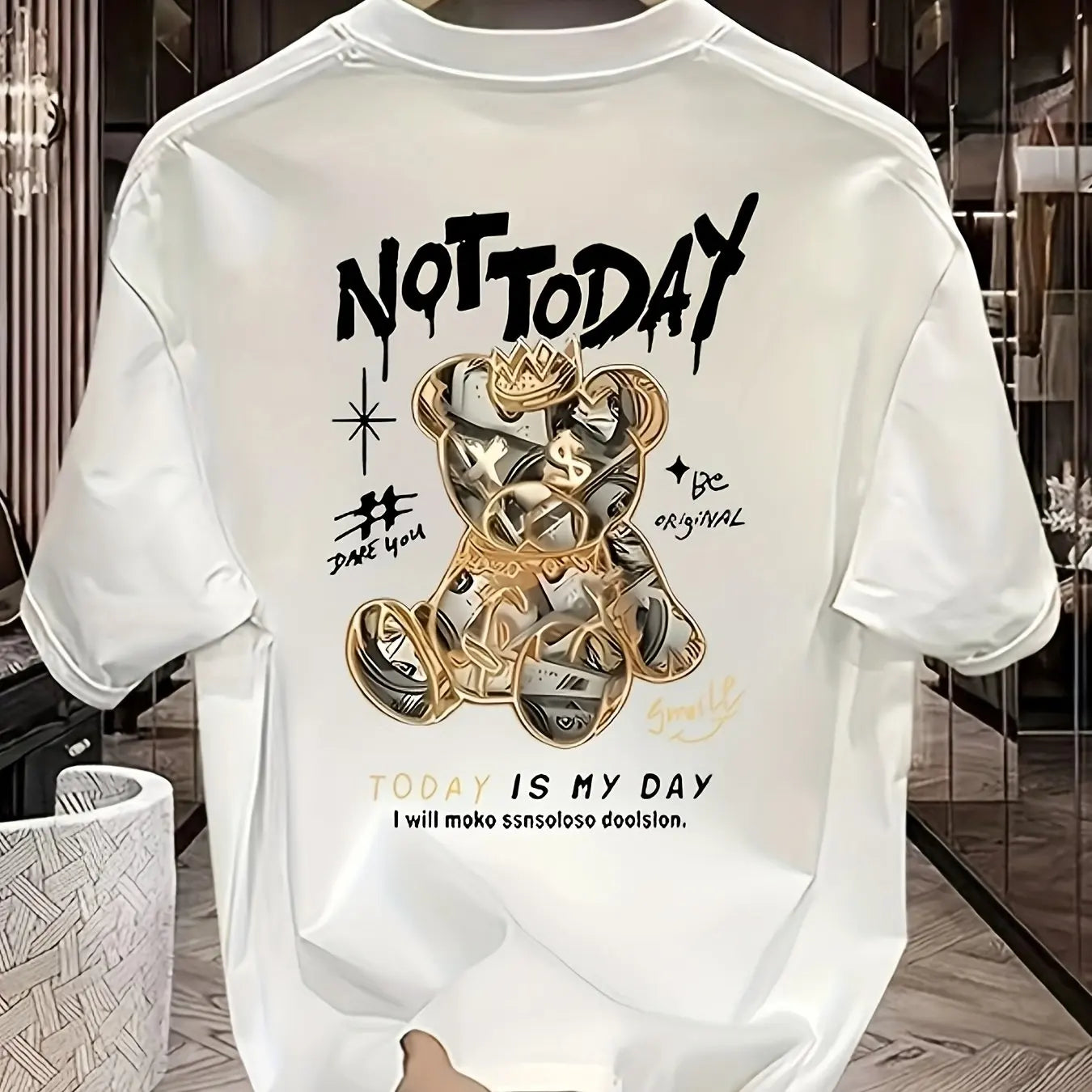 Men's summer 100% pure cotton fashionable casual sports loose cartoon bear 🐻 “Not Today” pattern printed round neck short sleeved T-shirt top