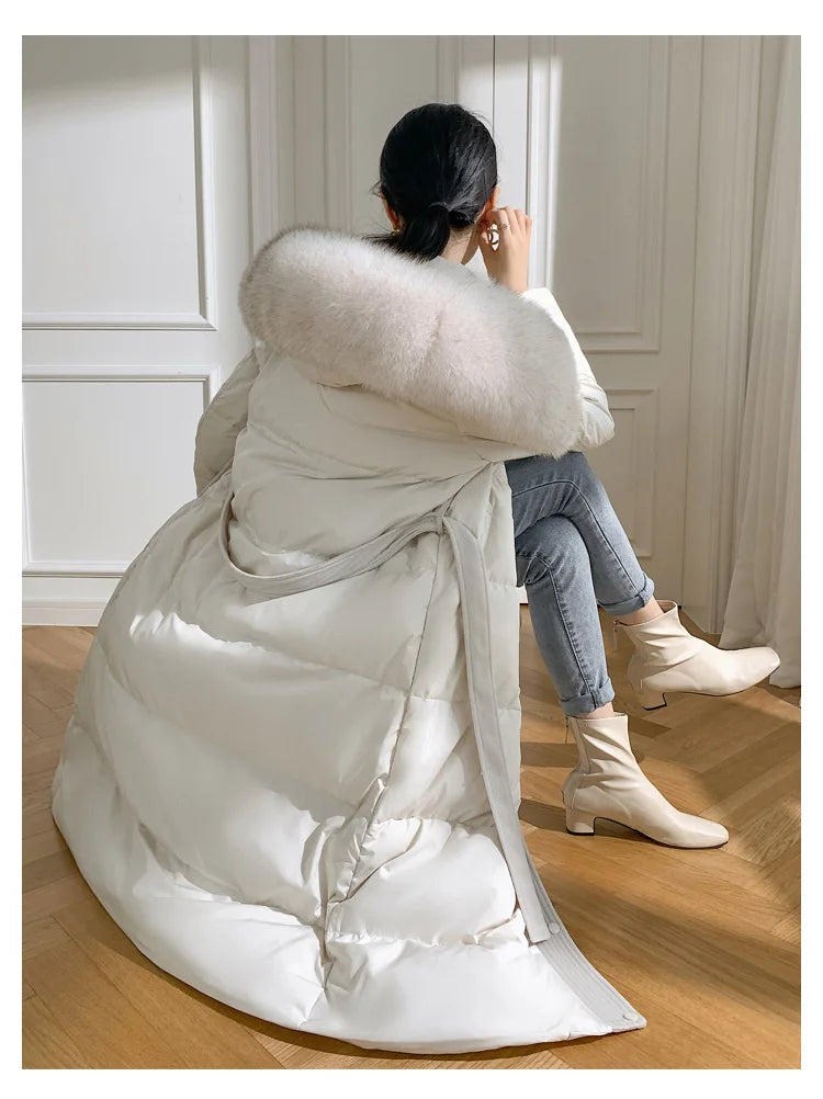 Women’s Luxury White Goose Down Coat – Hooded Long Jacket with Fox Fur Collar & Belt