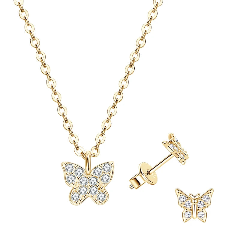 Lnngy Genuine 925 Silver Butterfly Pendant Necklaces Exquisite Moissanite Necklace Stud Earring Jewelry Set For Birthday Gift