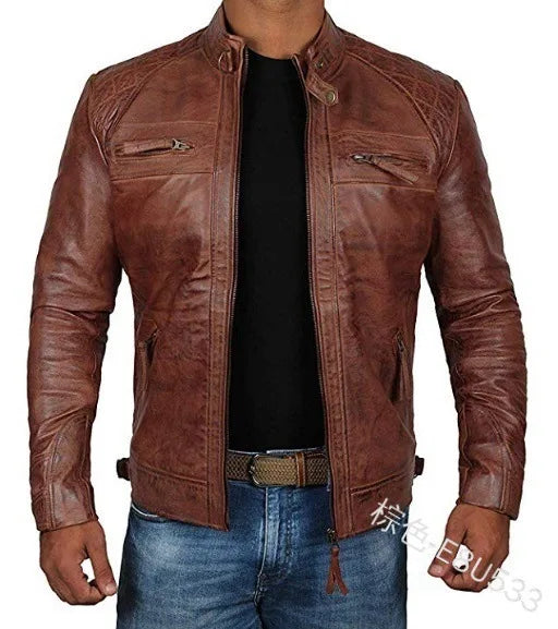 Men's Biker Leather Jacket Stand-up Collar Punk Leather Jacket Motorcycle Wear Leather Zipper Jacket Coat Hip Hop Streetwear