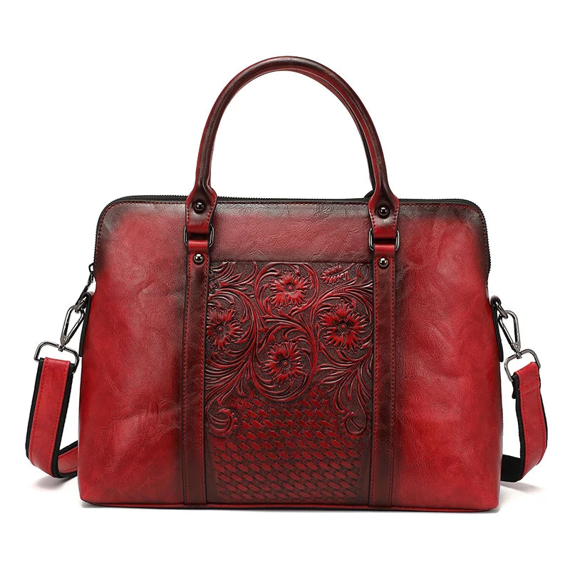 MOTAORA Women's Leather Handbag Large Capacity Vintage Shoulder Bags Female Retro Embossed Women Briefcase For 14 inch Laptop