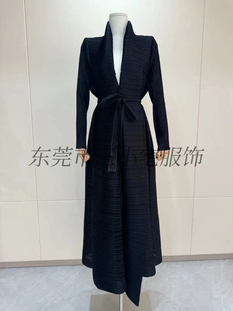 KAF Pleated Women Large Size Trench Coat 2024 Spring and Autumn New Vintage Printed Design Female Robe Arab Luxury Abaya