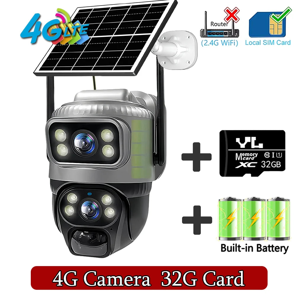 4G Solar Camera Outdoor Dual Lens PTZ Low Powered CCTV Video V380 Cameras PIR Motion Detect Security Protection Surveillance Cam