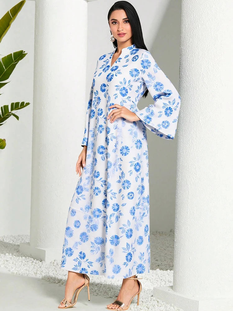 Rafiah Women's Summer Arabian Dress Traditional Full Print Long Sleeve V-Neck Dating Loose Fit Long Dresses Evening Dresses 2025