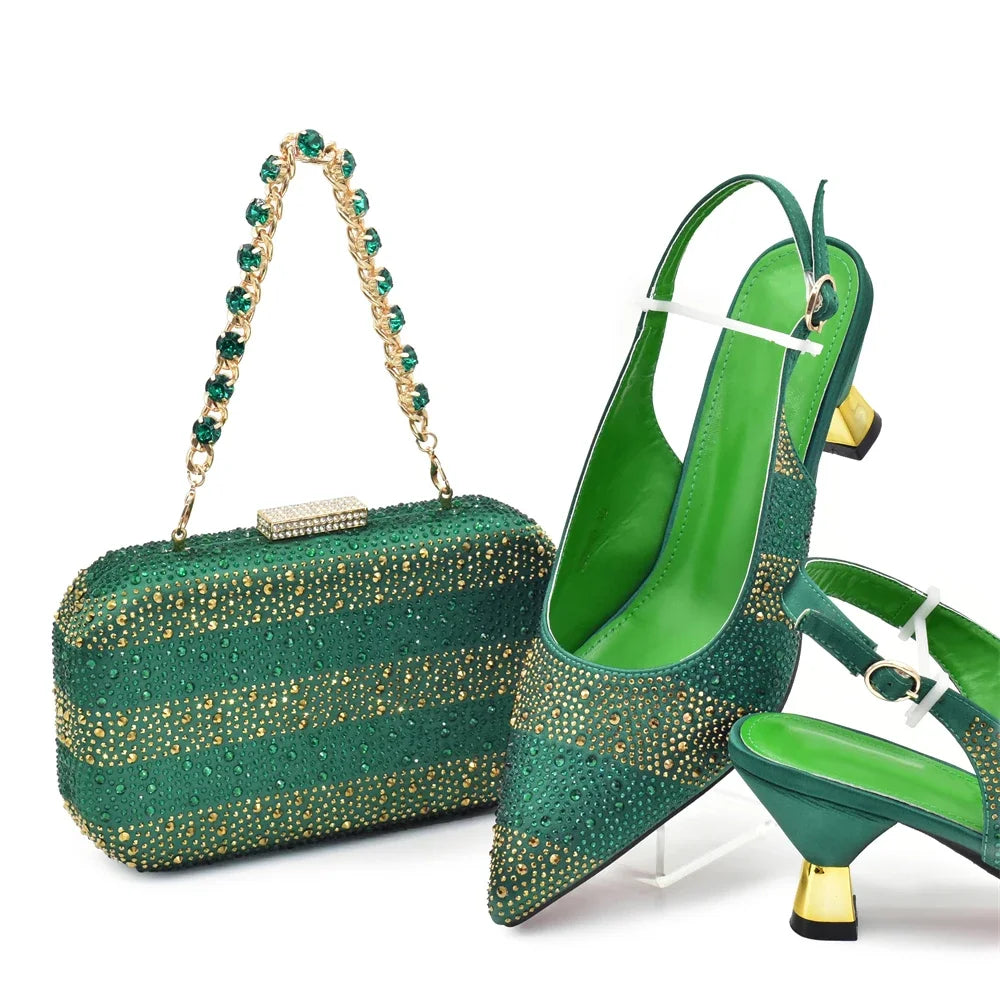 African Shoe and Bags Set for Wedding Women Shoes and Bags To Match Set with Rhinestone Italy Lady Pumps Women Shoes Luxury