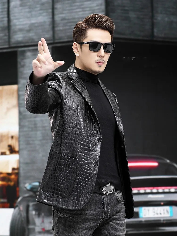 Luxury Business Men Alligator Pattern Genuine Leather Jacket Spring New Single Breasted Slim Fit Real Sheepskin Blazer Suit Coat