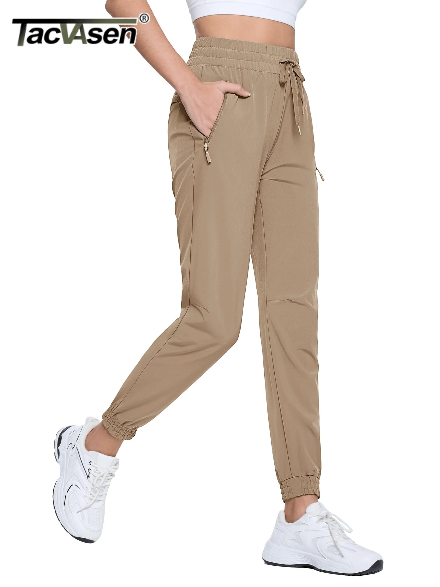 TACVASEN Quick Dry Hiking Pants Womens Outdoor Sports Drawstring Waist Joggers Waterproof Lightweight 3 Zipper Pockets Trousers