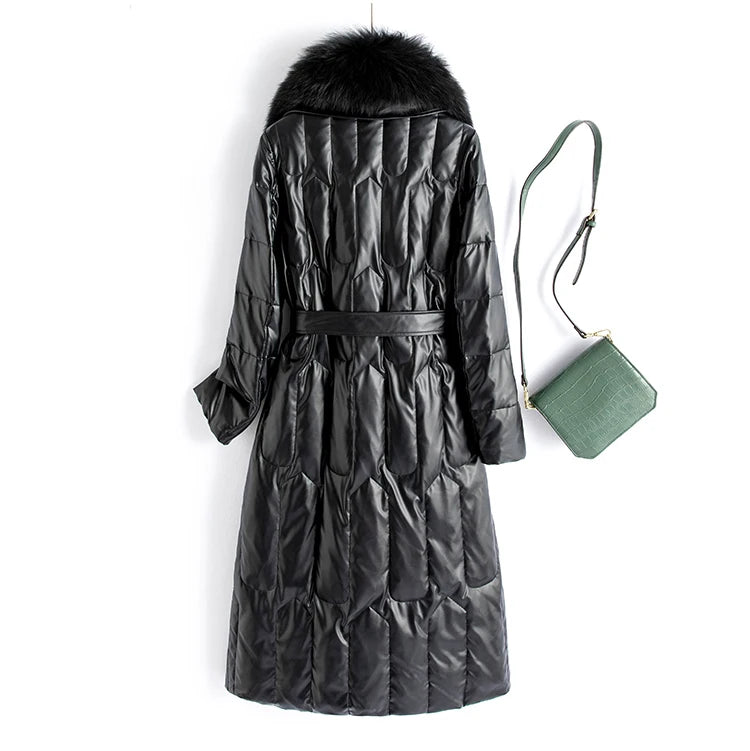 New Women Winter Leather Down Coat Fashion Real Fox Fur Collar Slim Waist Long Leather Coat Casual Thick Warm Overcoat
