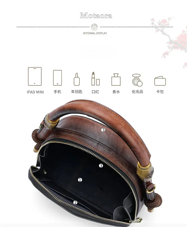 MOTAORA Bamboo Top Handle Embossed Leather Shoulder Bag, Vintage Bohemian Crossbody Purse for Women Handmade Large Capacity Tote