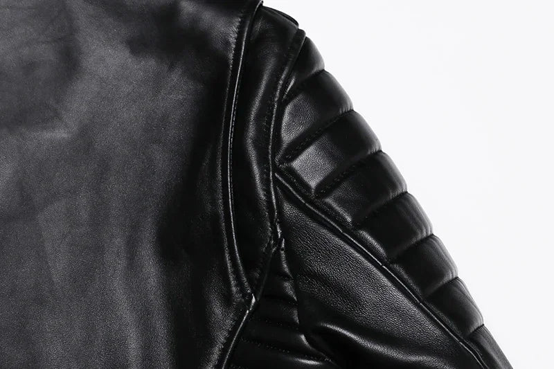 New Sheepskin Genuine Leather Moto Jacket – Slim Oblique Zipper Short Coat for Men