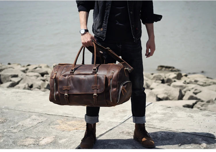 MUNUKI Vintage Crazy Horse Genuine Leather Travel bag Large Luggage bag men Leather duffle bag Large Weekend Bag Tote Big