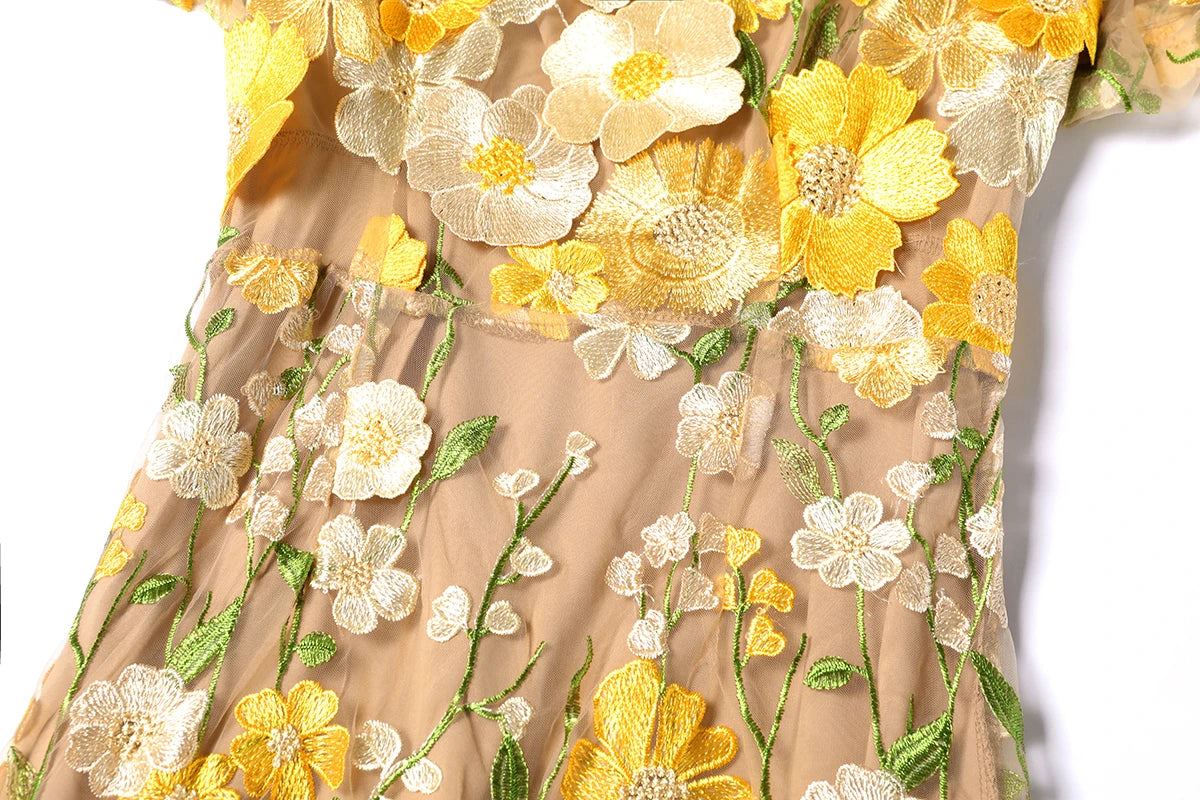 Summer High-end Embroidery Lace Prom Dress Women French Luxury 3D Flower Short Sleeve Long Dress Party Bodycon Holiday Vestido