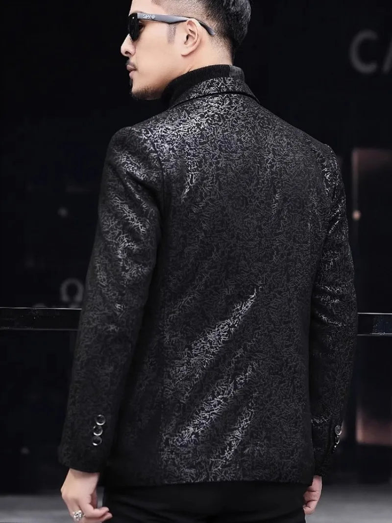 Business Men Work Slim Fit Real Sheepskin Genuine Leather Jacket Spring Autumn Floral Printed Single Breasted Blazer Suit Coat