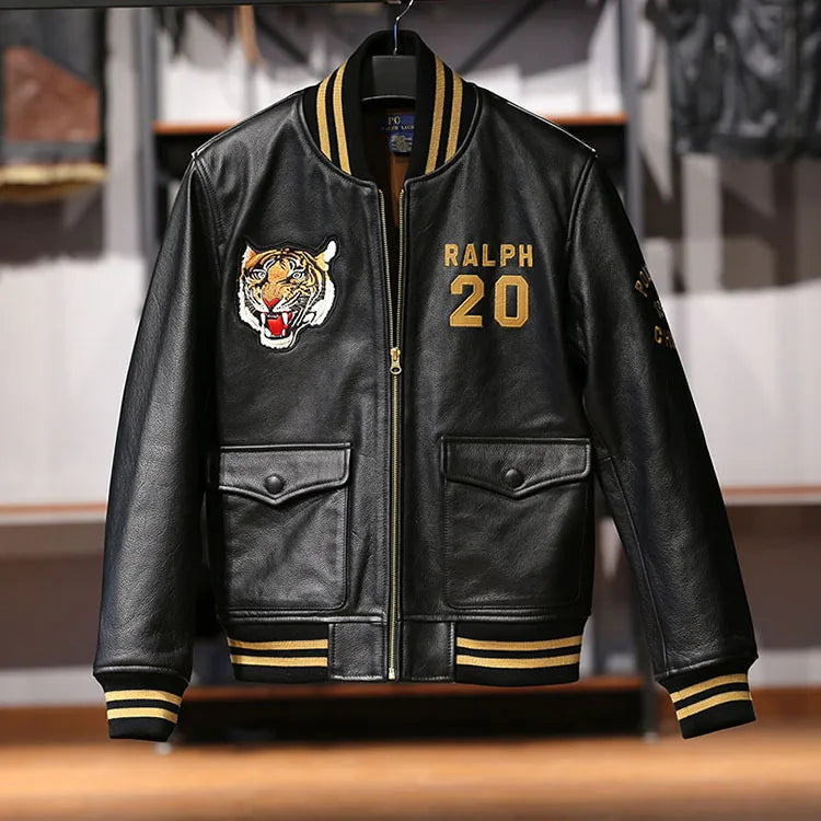 Men's top quality stand collar real leather jacket baseball tiger embroidery Fashion leisure first layer cowhide leather coat