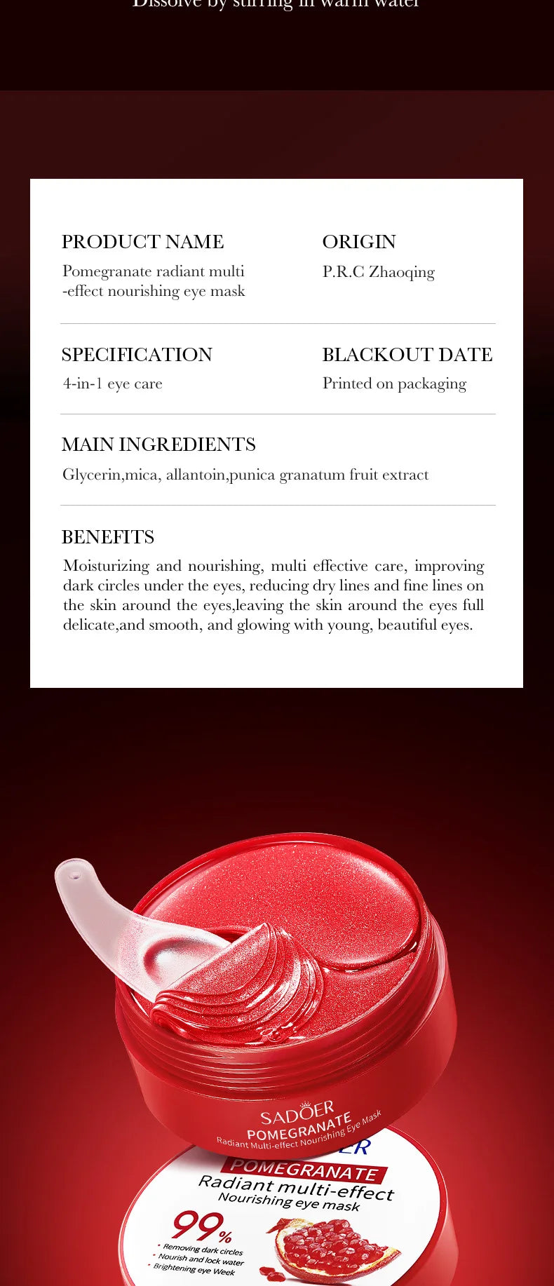60pcs SADOER Red Pomegranate Collagen Eye Mask Firming Anti Dark Circles Remove Eyes Bag Moisturizing Eye Patches Eyes Skin Care