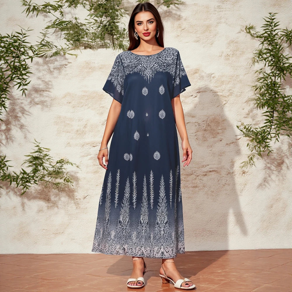 Rafiah Women's Dresses Summer Comfortable Elegant 2025 Print Casual Short Sleeve Round Neck A-Line Midi Vacation Long Dresses