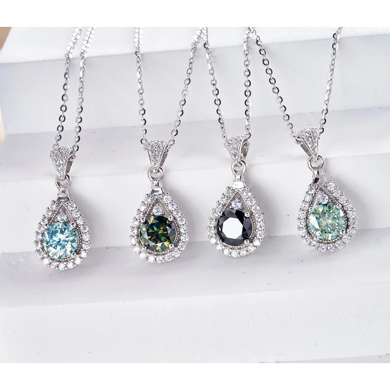 JoyceJelly 1CT Colorful Moissanite Necklace Sterling Silver 925 Jewelry Female Water Drop Shaped Pendant Top Quality Dating Gift