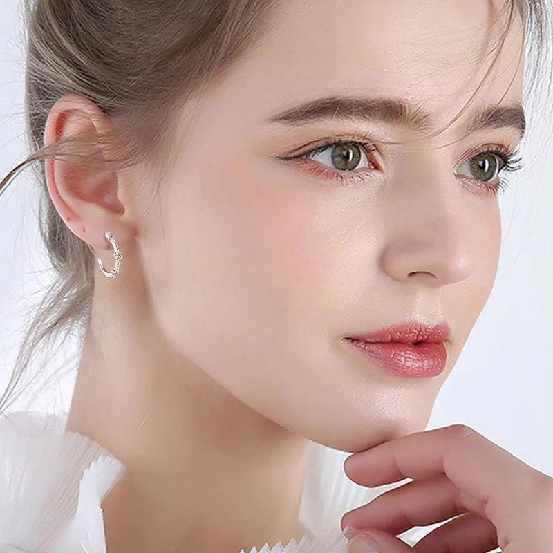 Lnngy Certified 3mm Moissanite Earrings for Women 925 Sterling Silver Unique C-shaped Stud Earring Classic Fine Jewelry Gifts