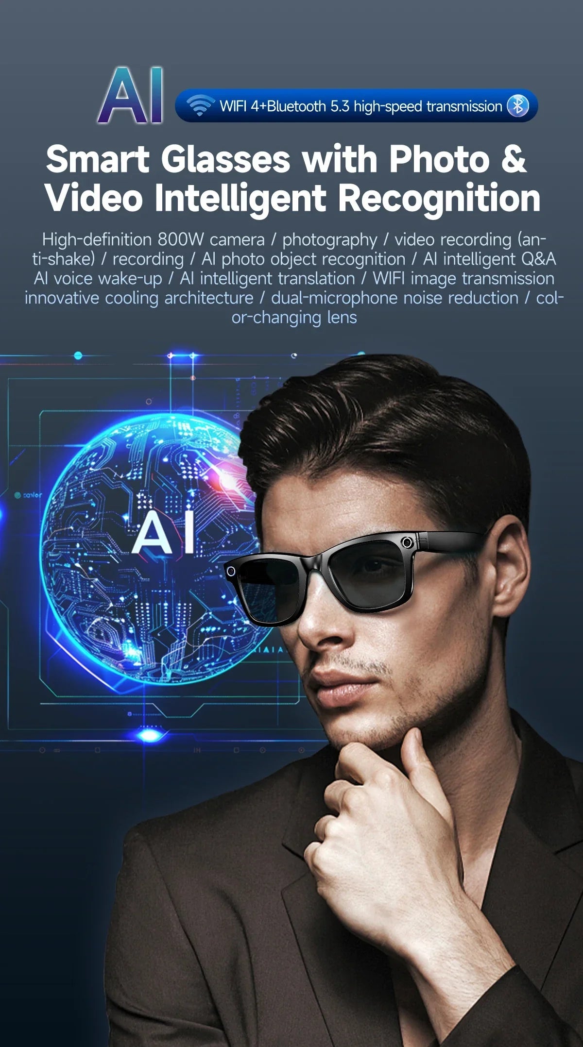 GrabliWorld AI Smart Camera Glasses – UHD Recording, Dual-Mic Noise Cancelling, Voice Control, Waterproof
