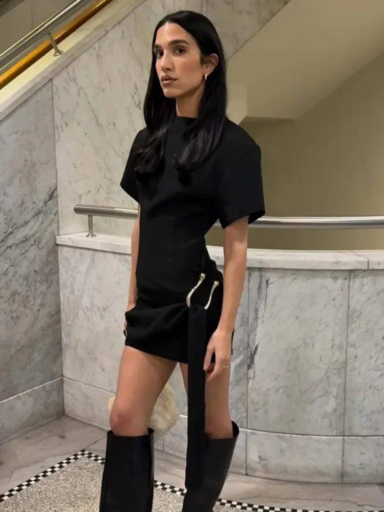 Women's Luxury Black Draped Mini Dress – Metal Buckle, O-Neck, Bodycon Fit