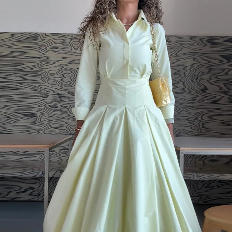 Elegant Lapel Waist-Cinched Pleated Shirt Dress – Women’s Half Sleeve Floor-Length Summer Style