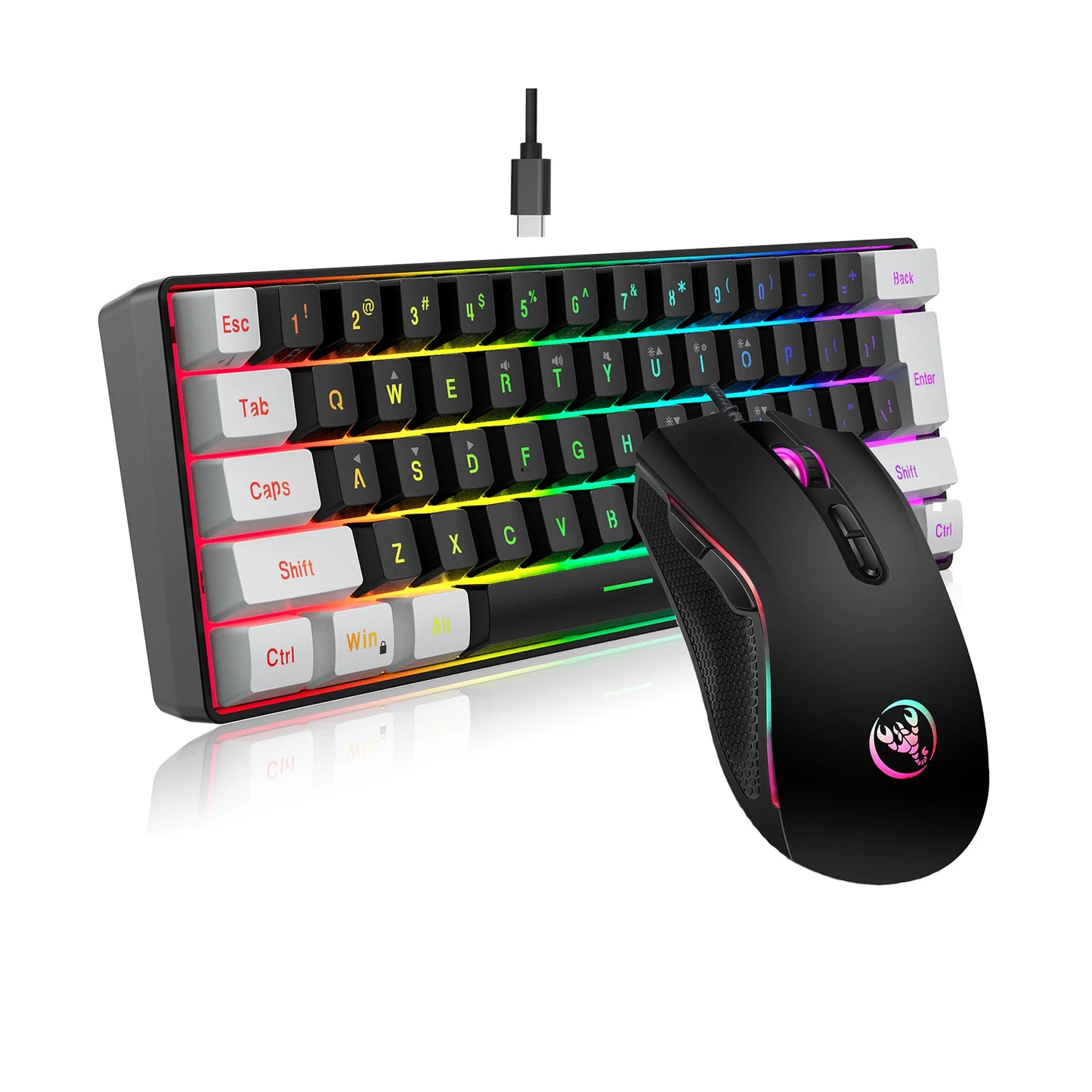 HXSJ V700BW A869 USB Keyboard Mouse Kit 61-key Wired RGB Backlight Computer Keyboard Colorful LED Lighting 3200DPI Gaming Mouse