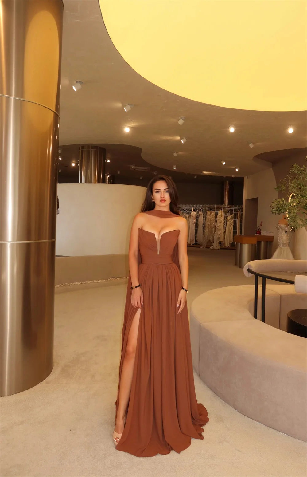 Mila Brown Strapless Prom Dress Sleeveless Chiffon Customized Luxurious Women Evening Dresses Side High Split vestidos de fiesta