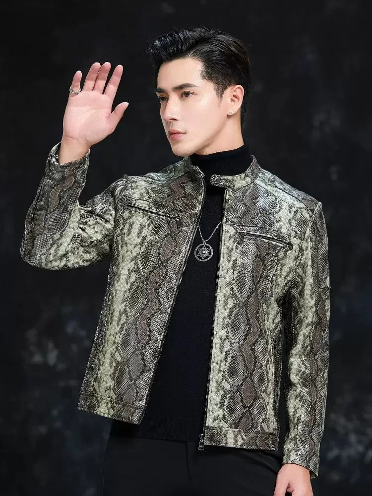Men’s Python Pattern Sheepskin Leather Jacket – Slim Fit Stand Collar Moto Biker Coat